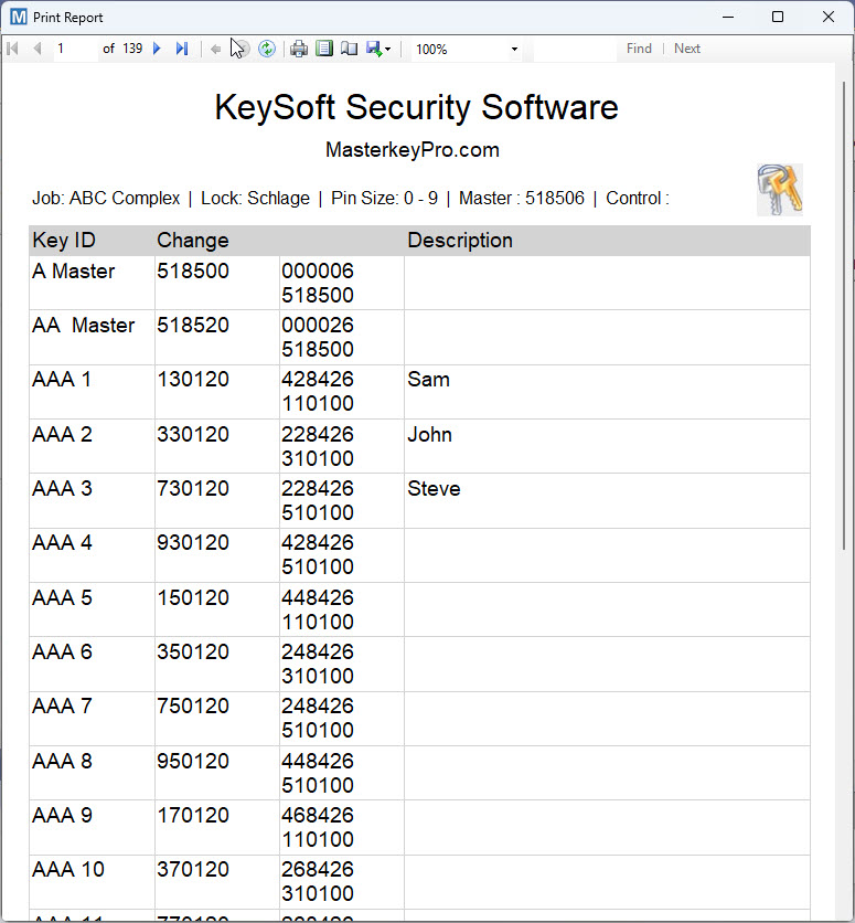 MasterkeyPro pinning report example